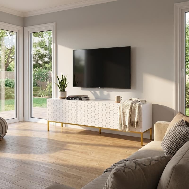 Meble Furniture Hexa 01 75" TV Stand with High Gloss Finish, for up to 85" TVs - 74.8"W x 20.3"H