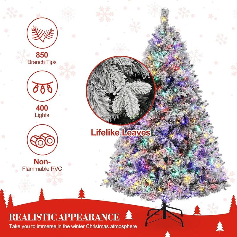 6 Ft Prelit Snow Flocked Artificial Christmas Tree with Lights for Decoration - 6FT