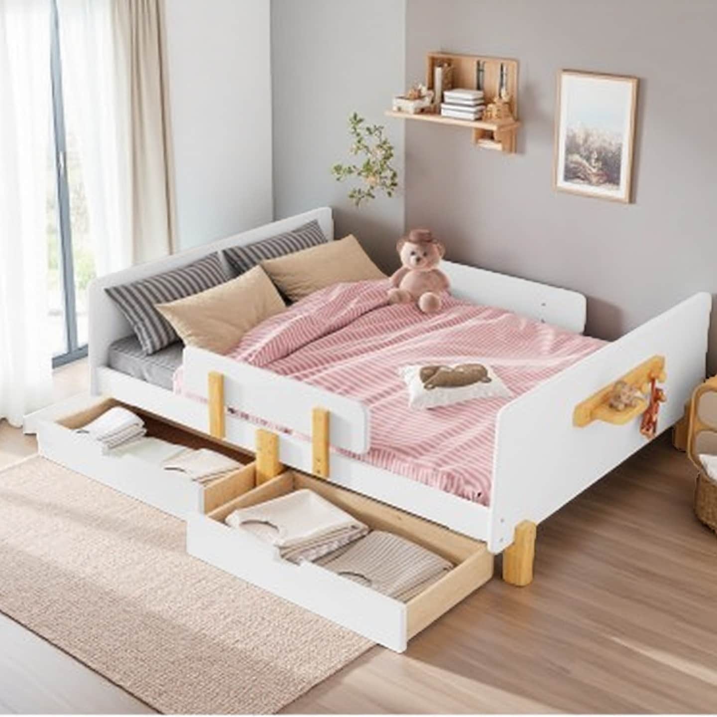 Full Size Wooden Platform Bed with Storage Drawers, Side Shelf and Hooks, Guardrails, Solid Wood Slats, No Box Spring Needed