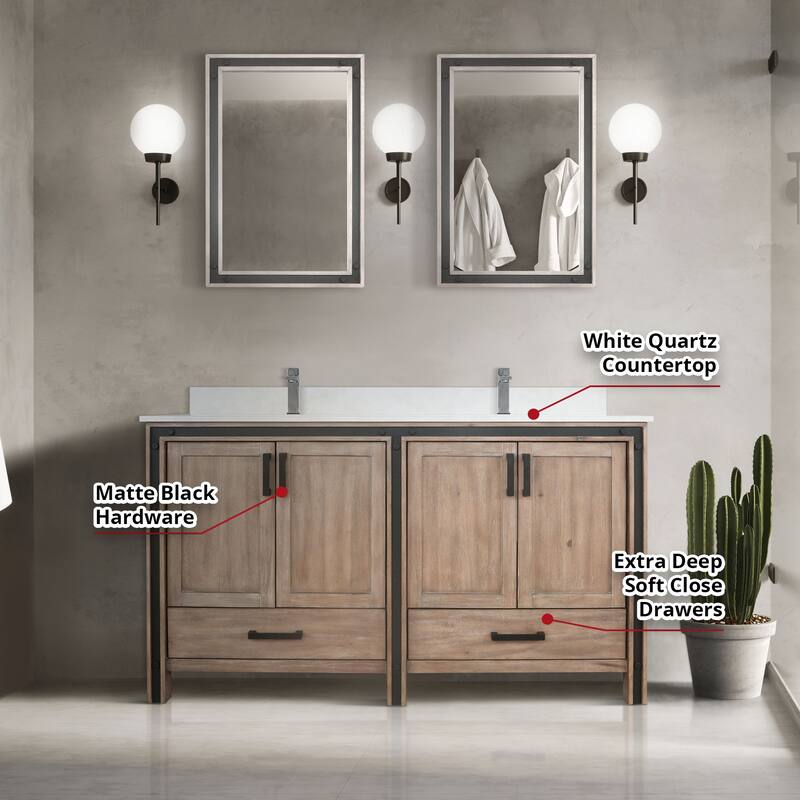 Ziva Bath Vanity, White Quartz Top, Faucet Set and Mirrors