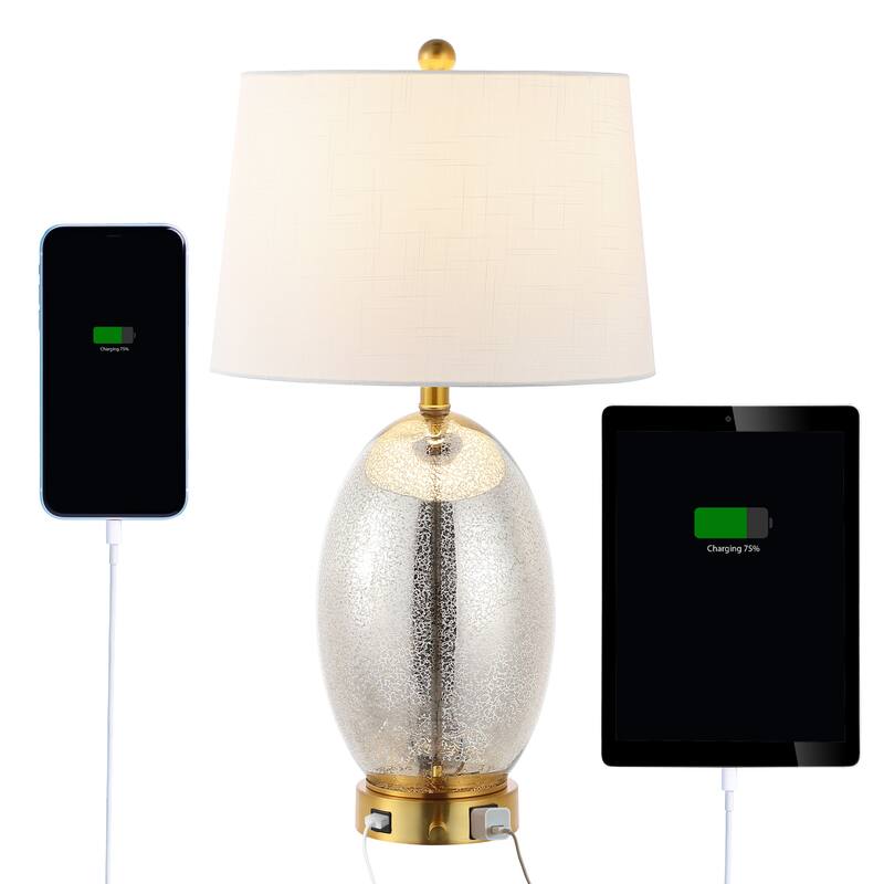 Alexander 26.5" 1-Outlet Contemporary Style Iron/Glass LED Table Lamp with USB Charging Port, by JONATHAN Y