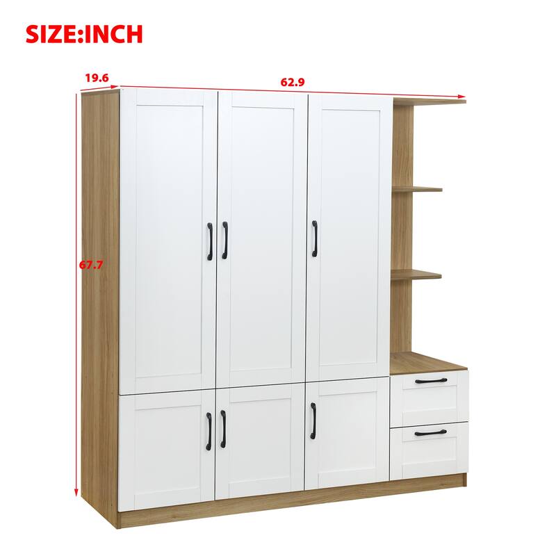 3 Doors Armoire Wardrobe Closet with 3 Side Shelves 2 Drawers, Wooden Bedroom Armoires with Hanging Rod for Bedroom