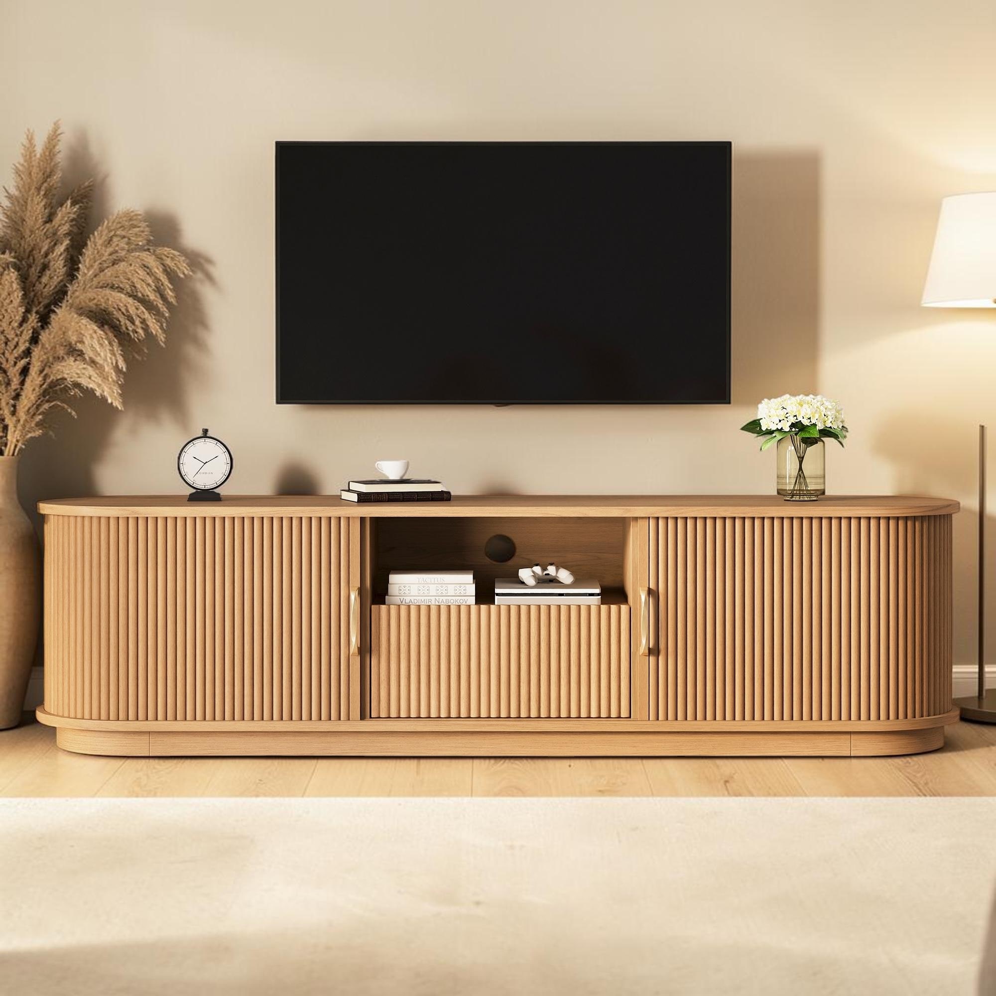 67-Inch Farmhouse TV Stand with Sliding Slatted Doors, Wood Media Console with Drawer, Cable Management, Fits TVs up to 75"