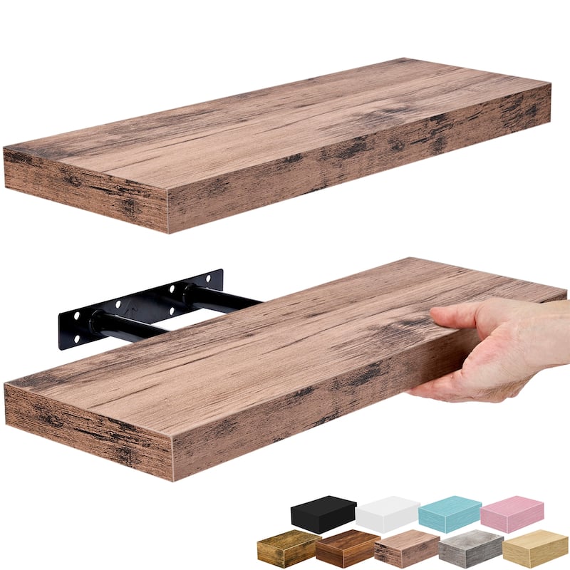 Floating Shelf Set Rustic Wood Hanging Rectangle Wall Shelves (2-Pack) - 16.25" L x 5.50" W X 1.50" H - Mahogany