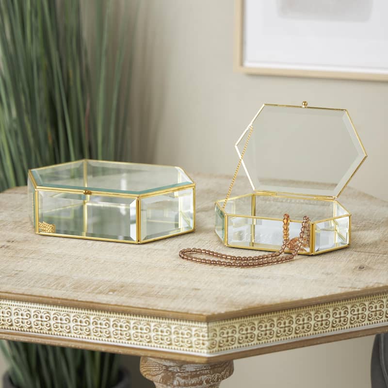Glass Geometric Beveled Hexagon Decorative Jewelry Box with Gold Metal Frame- Set of 2 Clear - Roche River Decor