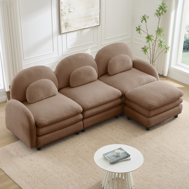 98.2" Teddy Fabric Sectional Sofa with Curved Pillows and Ottoman
