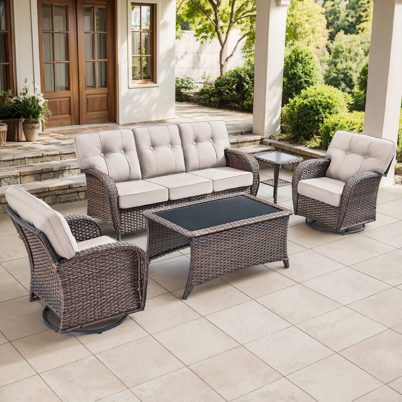 Gymojoy Outdoor Wicker Patio Furniture Set, 5" Thick Cushioned Rattan Set with Swivel Chairs & Coffee Table