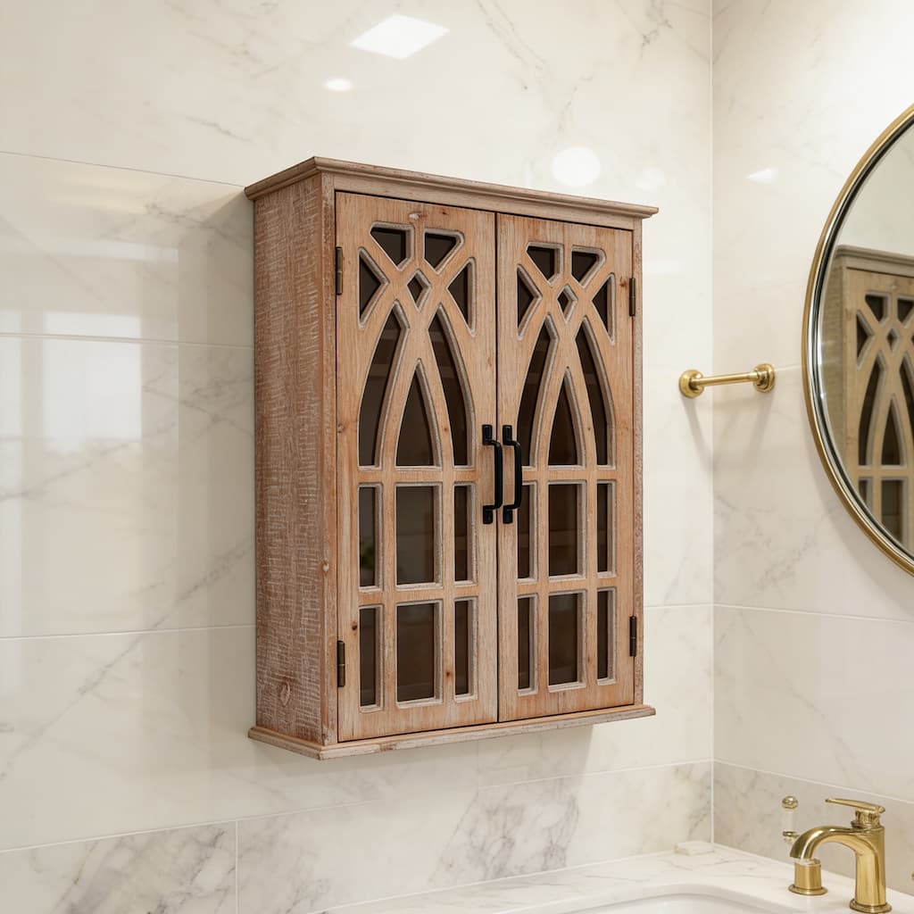 Vintage Wall-Mounted Cabinet with Decorative Cutout Doors, Rustic Wooden Hanging Storage Cabinet for Bathroom, Living Room