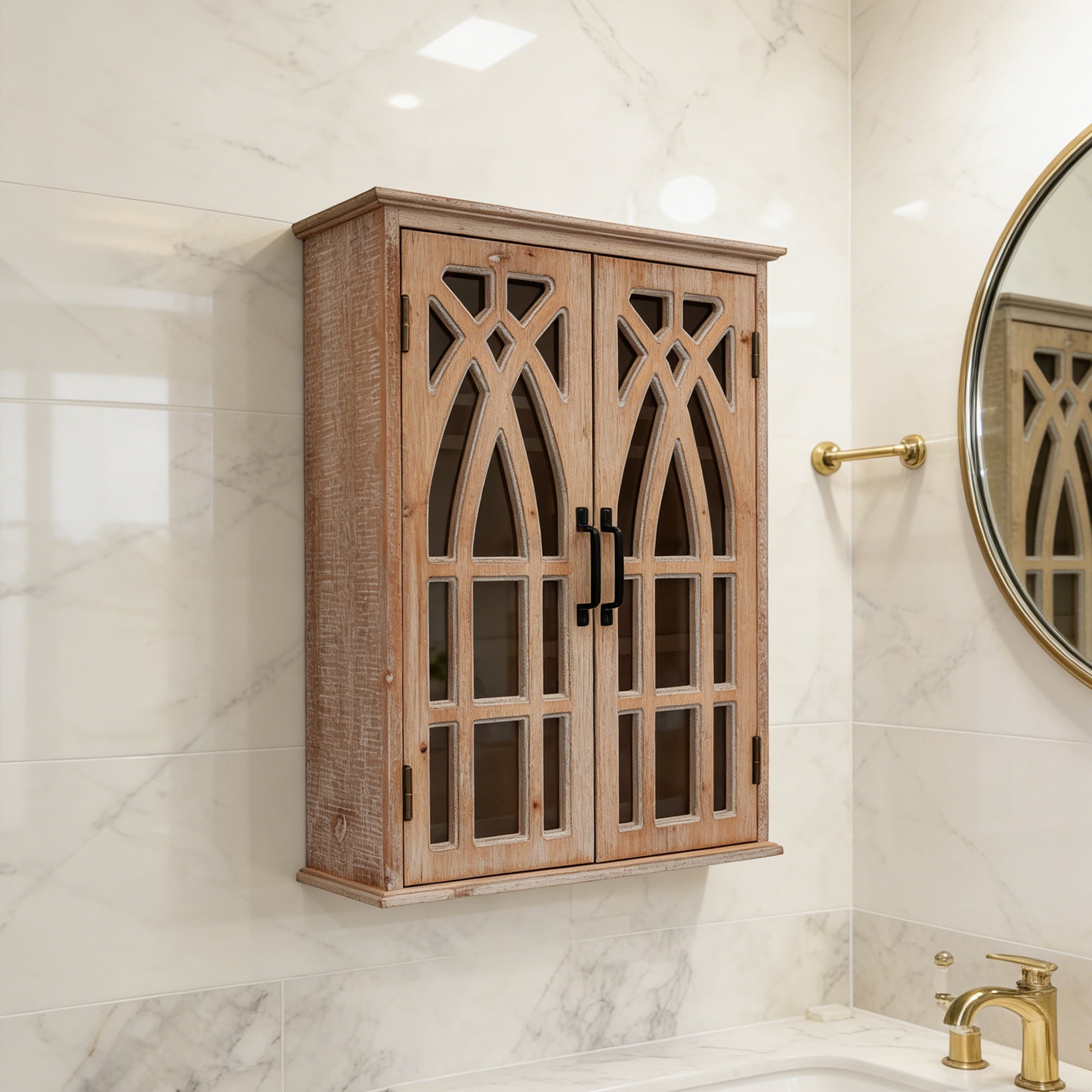Vintage Wall-Mounted Cabinet with Decorative Cutout Doors, Rustic Wooden Hanging Storage Cabinet for Bathroom, Living Room