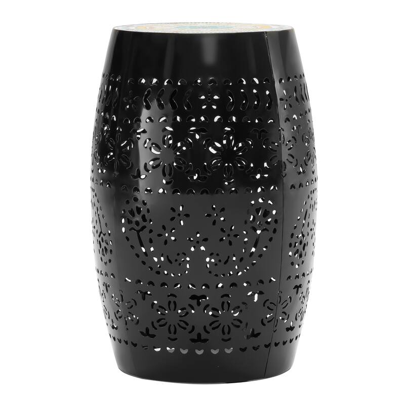 18.25" Modern Round Side Table with Boho Pattern Ceramic Tile Top and Unique Color Iron Frame