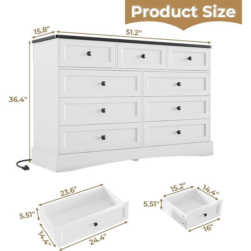 Bedroom Dresser Charging Station Storage Drawers Chest of Drawers