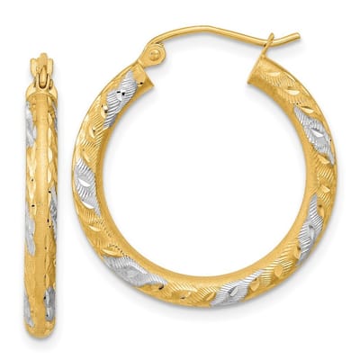 Curata 14k and Rhodium Sparkle Cut And Satin Classic Hoop Earrings 26x3mm