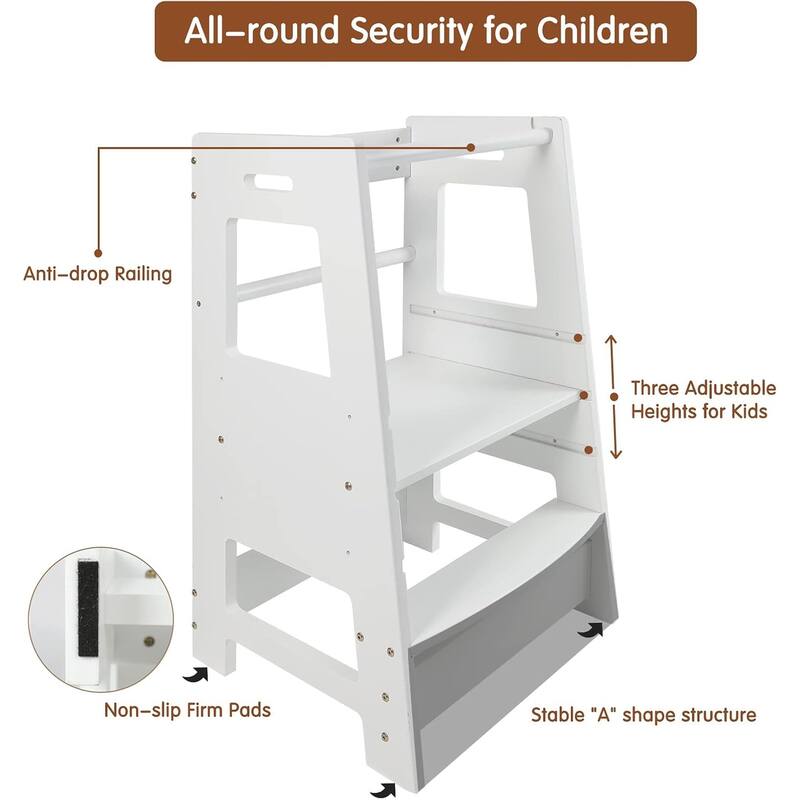 Toddler Standing Tower Kitchen Step Stool Adjustable Height Learning Stool,Helper Removable Anti-Drop Safety Rail Stool