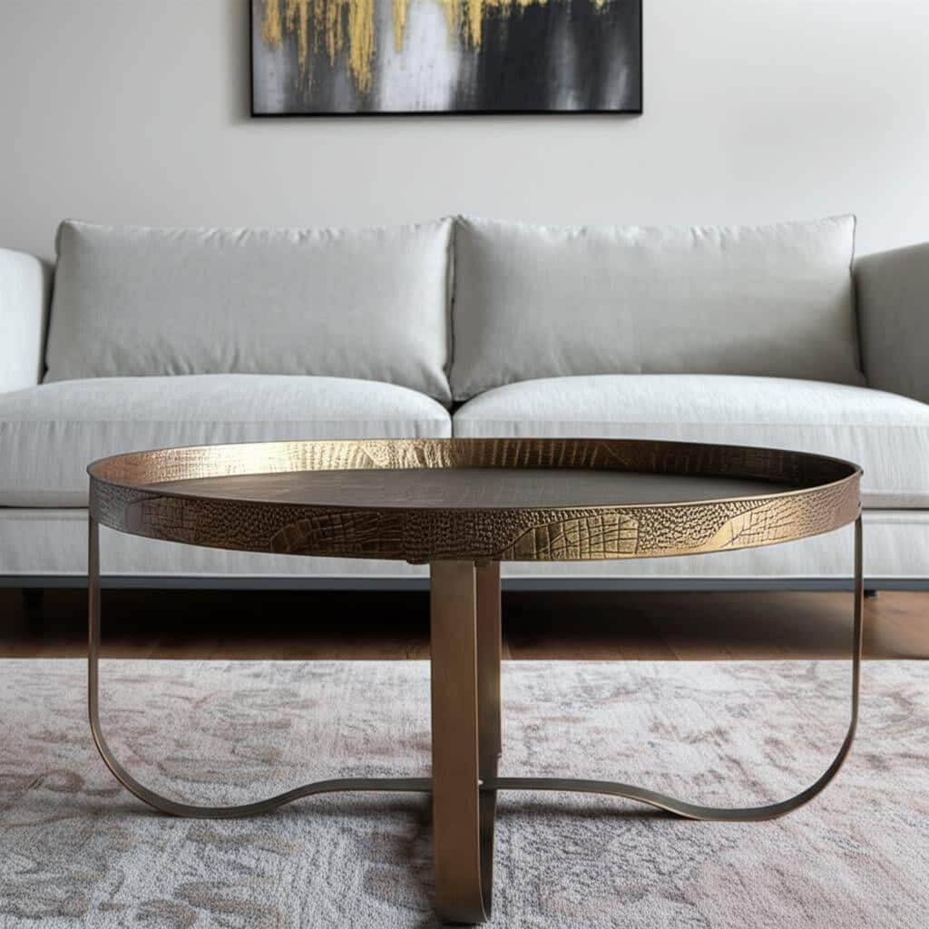 HomeRoots 30" Brass Steel Faux Croc Cross Legs Round Tray Style Coffee Table - 30.00 in. x 16.90 in. x 30.00 in.