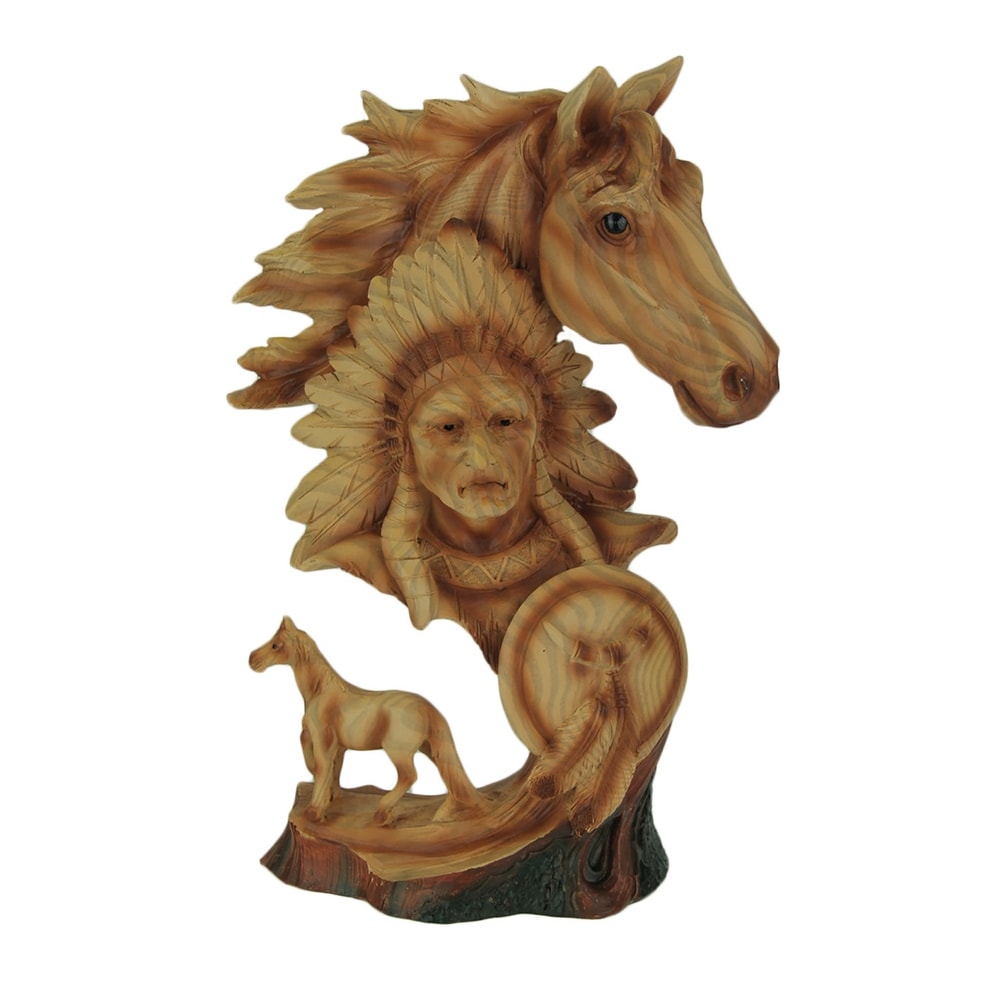 Western Horse And Native American Chief Carved Wood Look Bust Statue - 11.5 X 8.25 X 4.25 inches