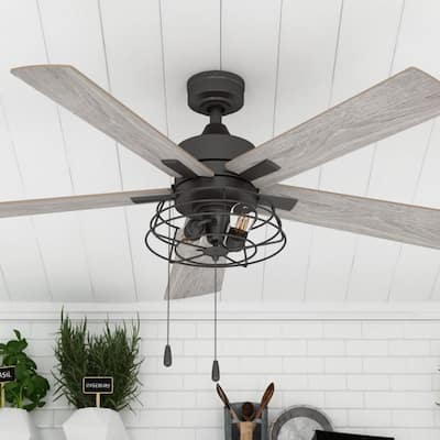 52" Prominence Home Marshall Matte Black Industrial Style LED Ceiling Fan with Light, Pull Chain