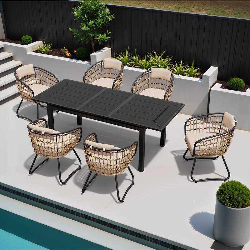 Outdoor Patio Dining Extendable Aluminum Table with Cushioned PE Rattan Chairs - Beige