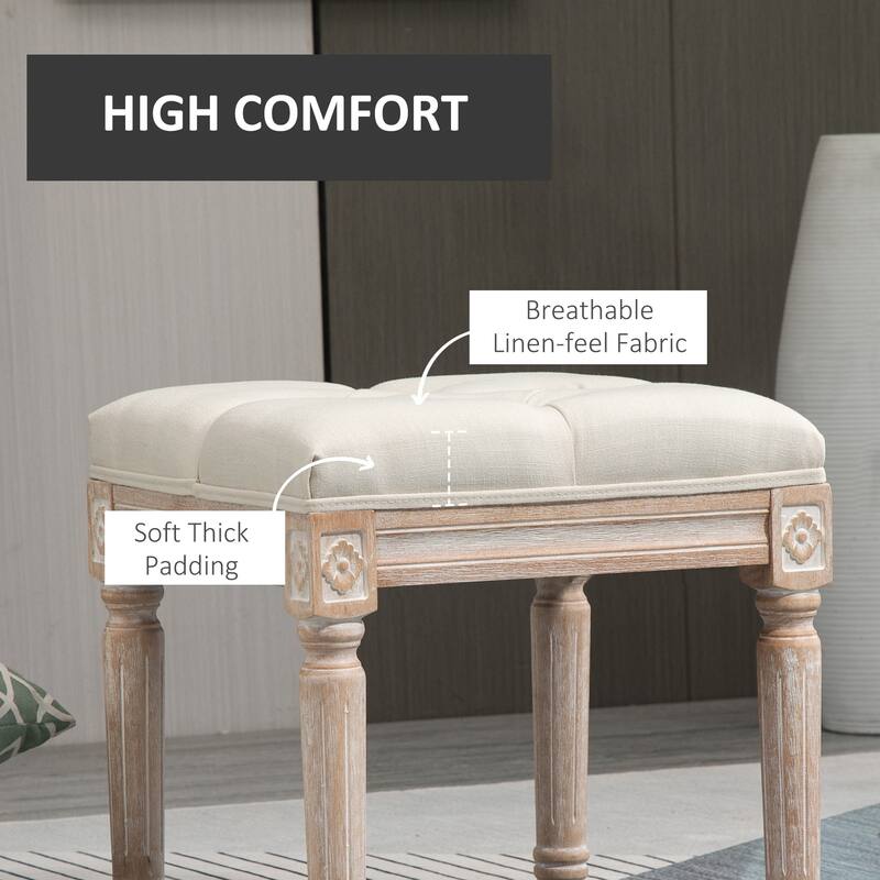 Upholstered Foot Stool with Button-Tufted Linen Cushion and Fluted Wooden Legs for Living Room