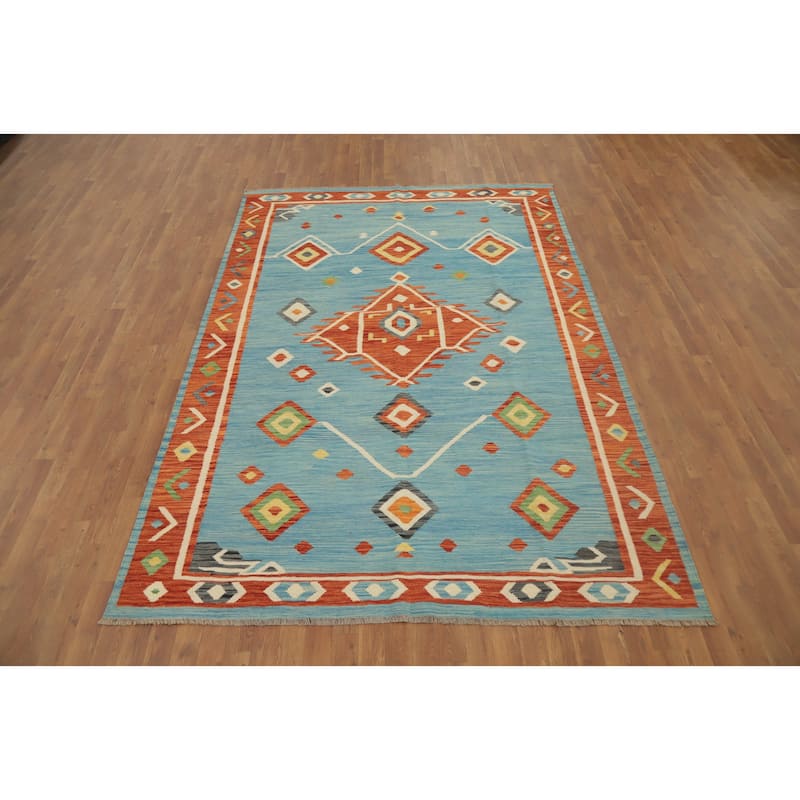 Hand Woven Oriental 100% Wool Carpet Southwestern Tribal Navy Blue & Blues Kilim Area Rug - 9' 6'' X 6' 6''