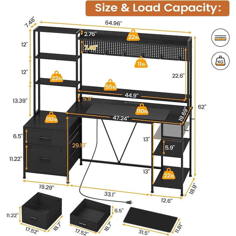Computer Desk Gaming Desk 2 Drawers Shelves Pegboard 8 Hooks