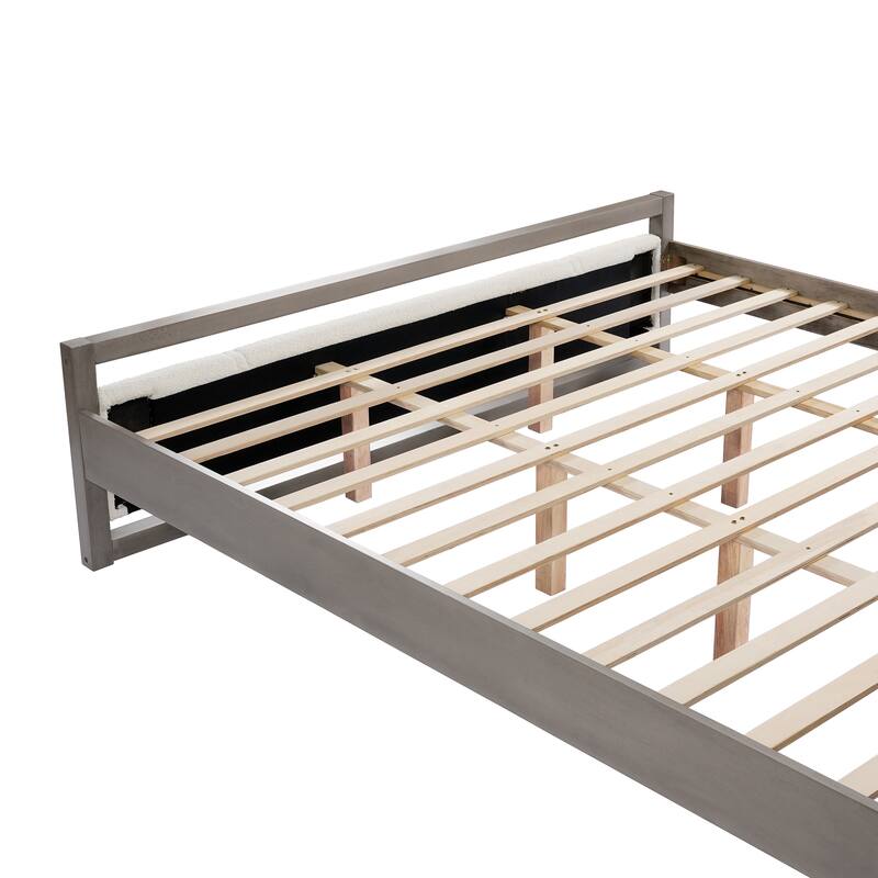Queen/King Size Platform Bed, Solid Wood Bed Frame with Ivory Boucle Upholstered Headboard and Footboard, Wooden Slats Support