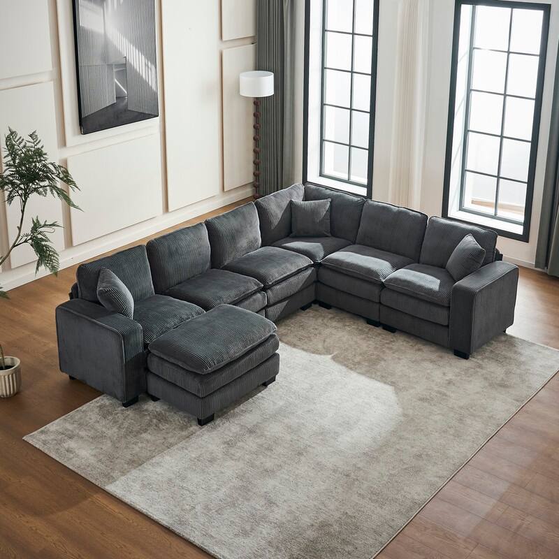 Modern U-Shaped 6-Seater Sectional Sofa with One Footstool