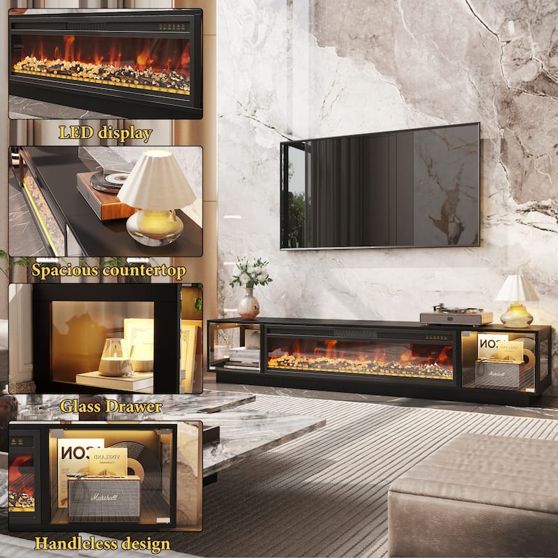 Modern Black Fireplace TV Stand Combo,Remote Fireplace Heater,2 Drawers,Light Strip & USB