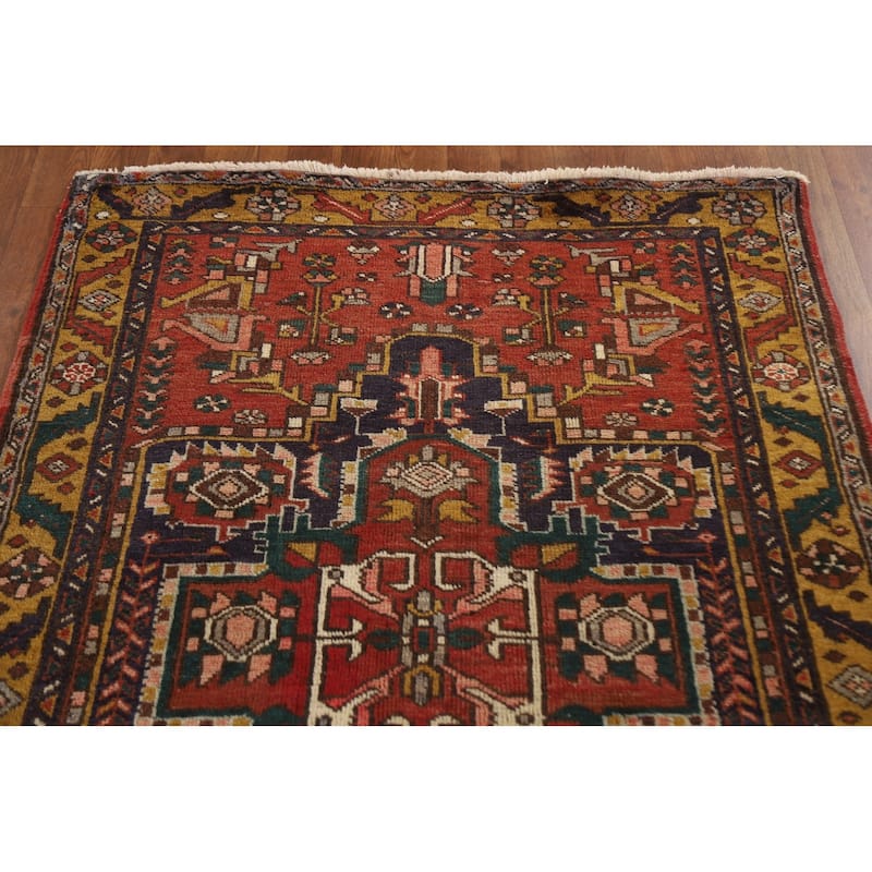 Geometric Hand-knotted Heriz Persian Vintage Runner Rug - 3'8"x 11'3"