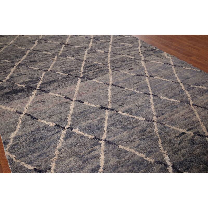 Grays & Blues Trellis Moroccan Area Rug Hand-Knotted Wool Carpet - 6'0" x 9'7"