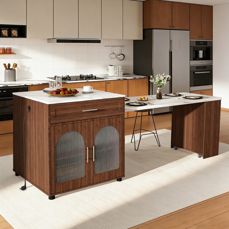 80" Expandable Kitchen Island with Dining Table with Marble-Grain Countertop with Power Outlet (Chairs Not Included)