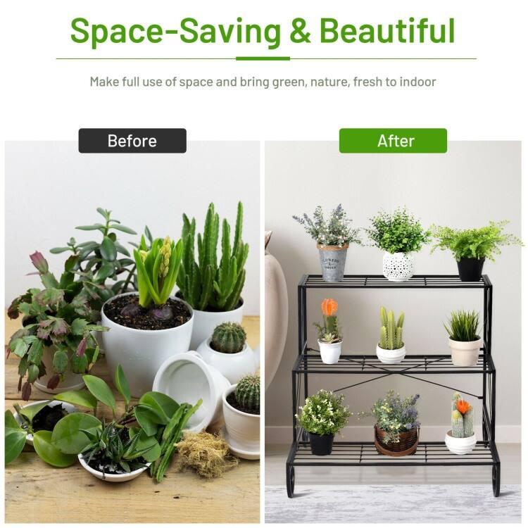 Outdoor Plant Shelf 3 Tier Steel Flower Stand for Patio - 29" x 26" x 28"
