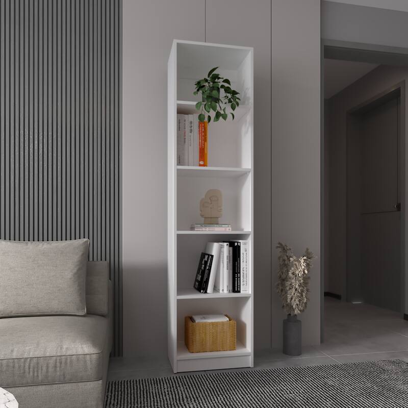 White 5-Shelf Slim Bookcase - White