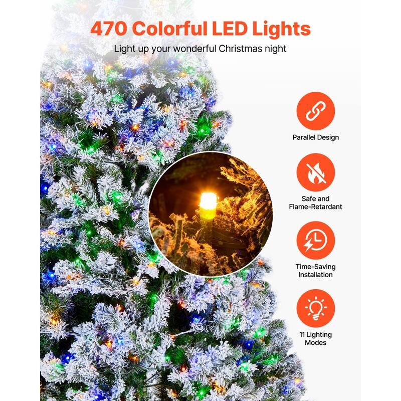 Green PVC and Iron 7.2x4.5 ft Snow Flocked Christmas Tree with 470 LED Lights - 4.5 x 7.2 ft
