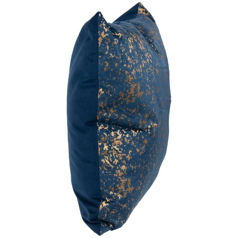 17" Navy Blue and Gold Foil Crackle Square Velvet Throw Pillow