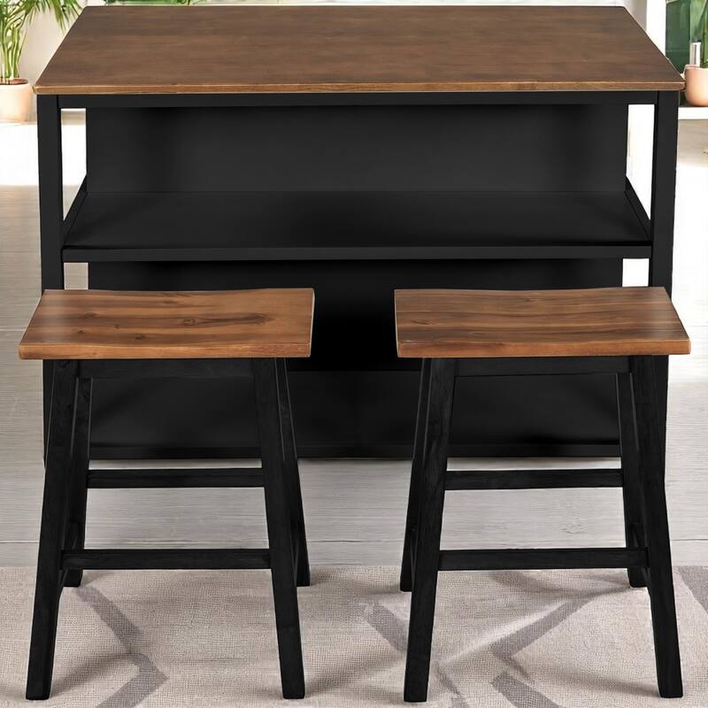 3-Piece Solid Wood 45" Table Set with 2 Stools, Counter Height Dining Set with Open Storage Shelves for Dining Room or Kitchen