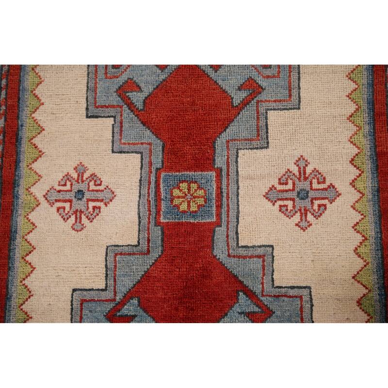 Ivory Geometric Kazak Oriental Foyer Rug Handmade Wool Carpet - 3'3" x 4'11"
