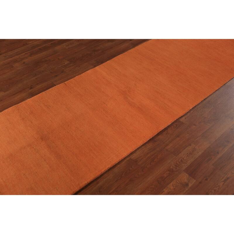Orange Modern Gabbeh Runner Rug Hand-Knotted Solid Wool Carpet - 2'6" x 9'8"