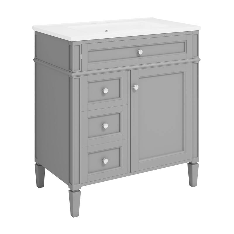 Modern 30" Bathroom Vanity with Ceramic Sink, 2 Drawers & Tip-Out Drawer for Bathroom Storage