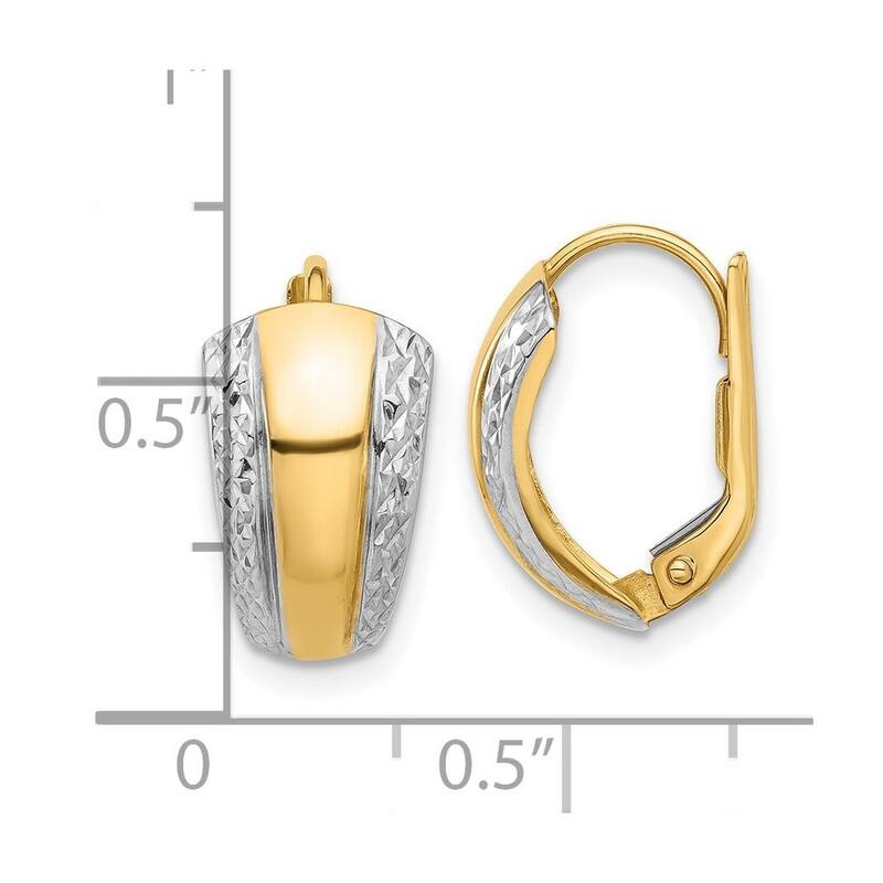 Curata 14k Yellow Gold White Rhodium Polished and Diamond cut Leverback Earrings - 15.1x11.1mm