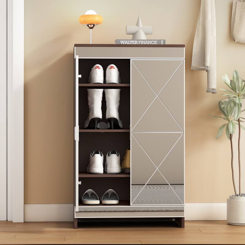 Anmytek Mirrored Shoe Storage Cabinet with Double Doors, Silver Edging, Brown Glass Finish for Entryway - Silver