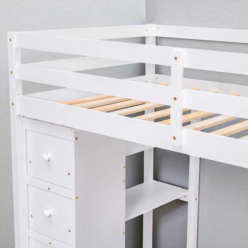 Twin Size Loft Bed with Desk, Storage Drawers, Shelves & Stairs, Wooden Frame for Kids & Teens