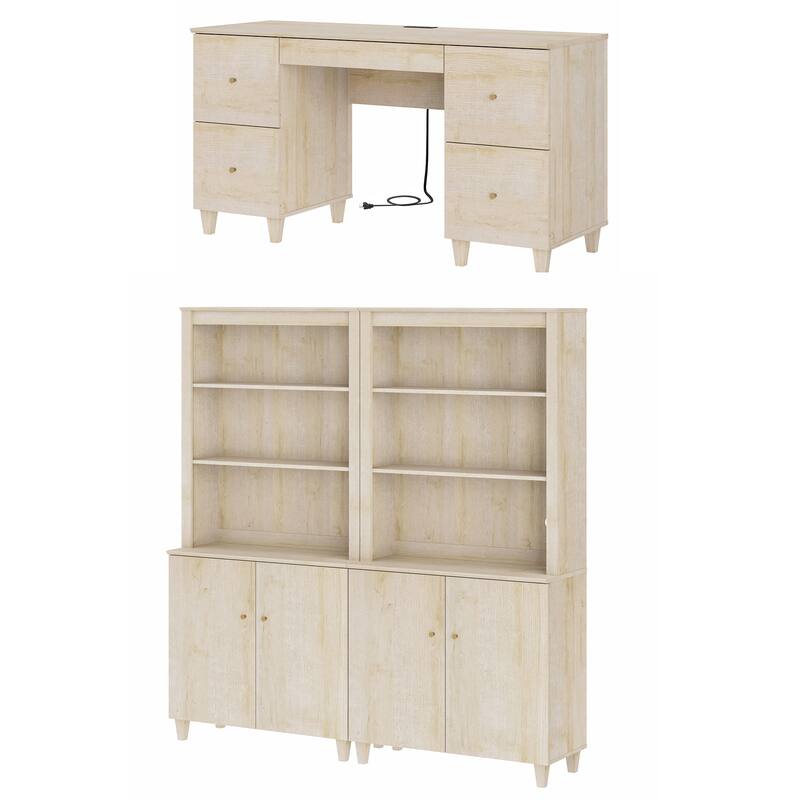 WAMPAT Home Office Furniture Set, 58" Executive Desk with Drawers, 2-Column 71" Tall Bookcase with Doors and Adjustable Shelves