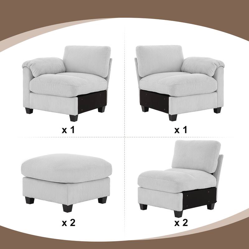 Corduroy Sectional Sofas with 2 Removable Ottomans, U-shaped Symmetrical 6-Seat Modular Couch
