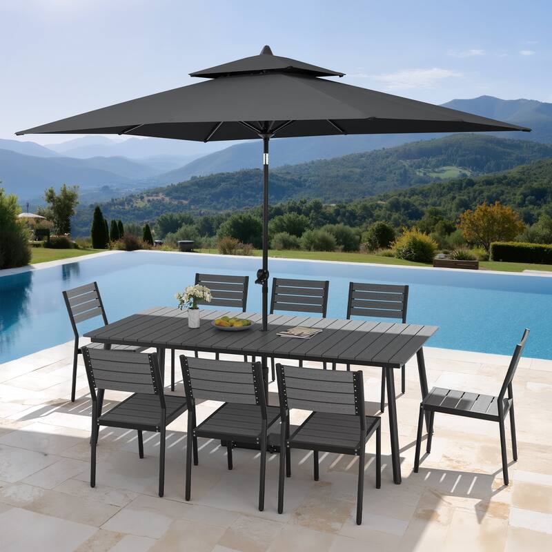 11PC Outdoor Patio Dining Set Aluminum Table with Stackable Chairs w/ Premium Market Umbrella Sets - GreyTable&GreyChairs&BlackUmbrella