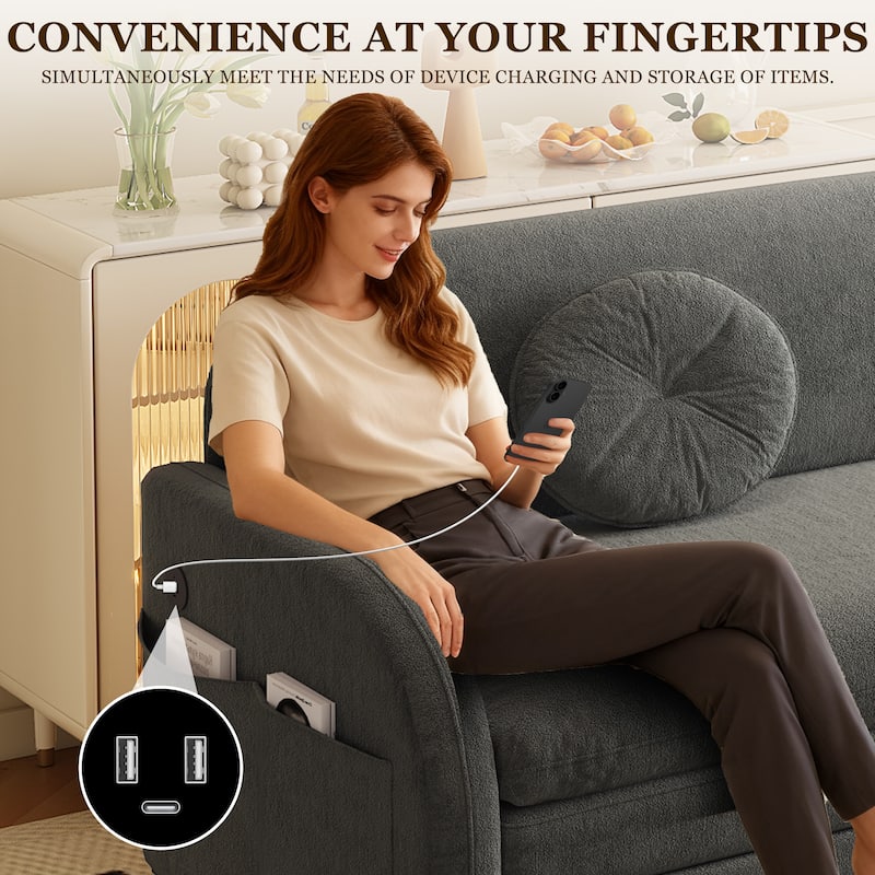 Homy Casa 3-in-1 Convertible Sleeper Sofa Bed, Pull-Out Couch w/ USB, Side Pocket & 4 Pillows, Chenille, 2/3/4-Seat