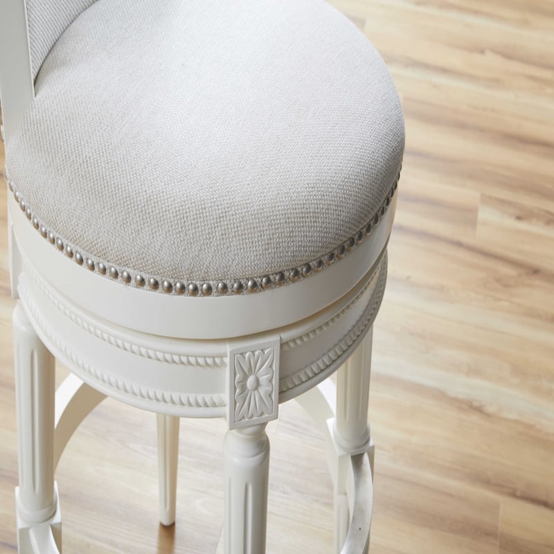 White Wood Frame Swivel Bar Chair with Linen Seat and Footrest