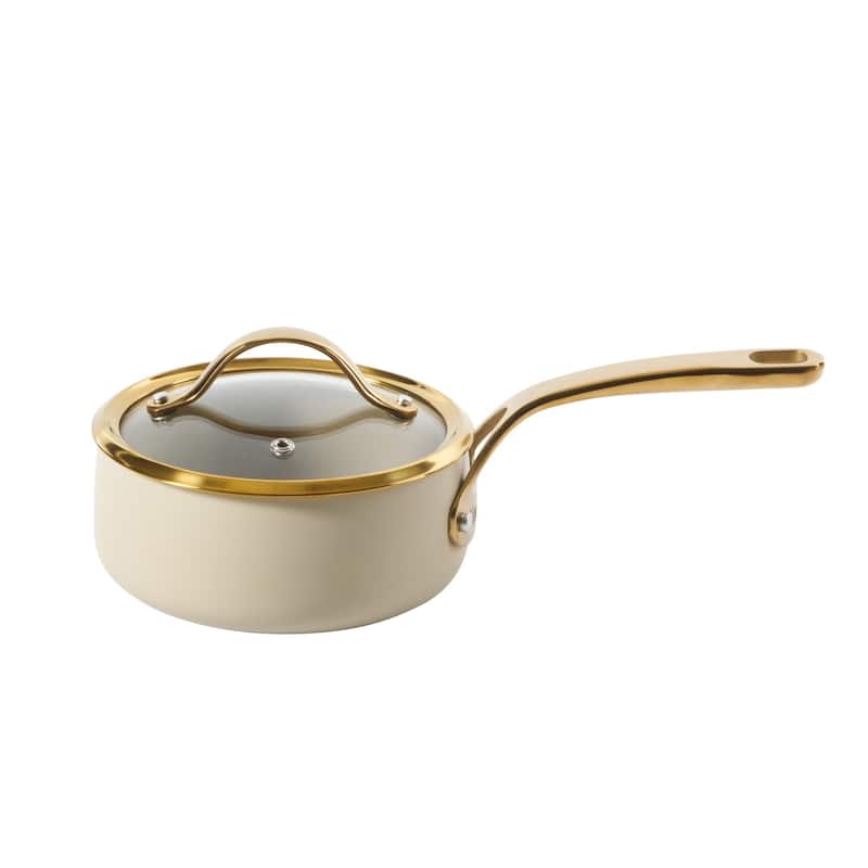 Bloomhouse 15 Piece Pots and Pans Heavy Duty Aluminum Premium PFA Free Ceramic Nonstick - Almond Cream with Gold Handle