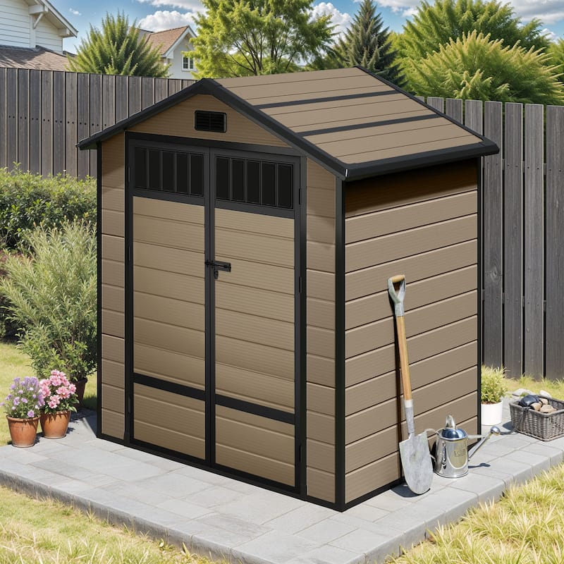 Moasis 6x4.4 FT Outdoor Storage Shed, All-Weather Resin Plastic Storage Shed with Windows, Slanted Roof, Raised Floor