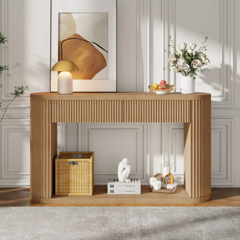 Oval Fluted Console Table Side Table with 2 Drawers, Natural Sofa Table Accent Table Entryway Table with Bottom Shelf