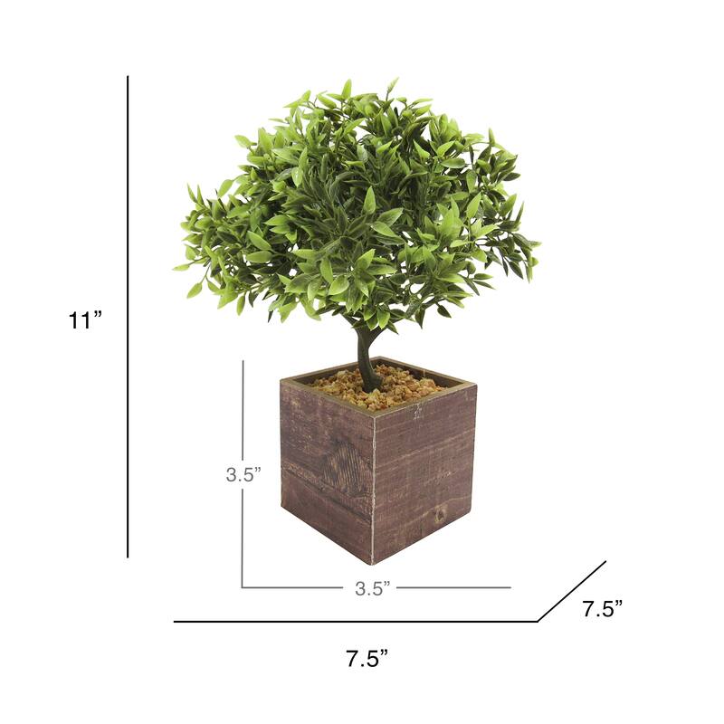 Artificial Desktop Leaf Bonsai Tree in Square Wood Pot 11in - 11" H x 7.5" W x 7.5" DP